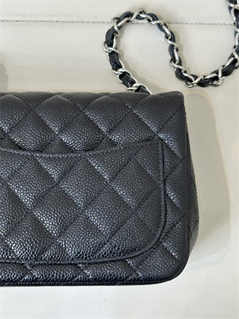 ch*el S*per mini classic flap bag grained calfskin silver tone metal black 01115 top