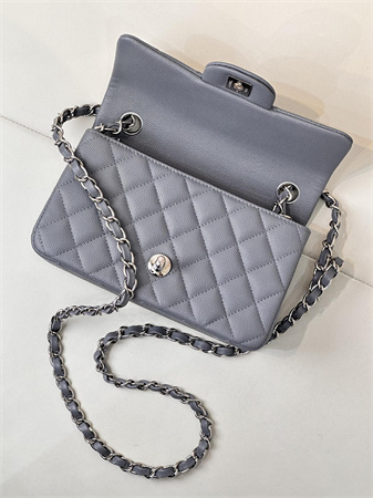 Ch*el mini classic flap bag grained calfskin silver tone metal dk grey 01116 top
