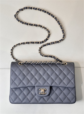 Ch*el medium classic flap bag grained calfskin gold tone metal dk grey 01112 top