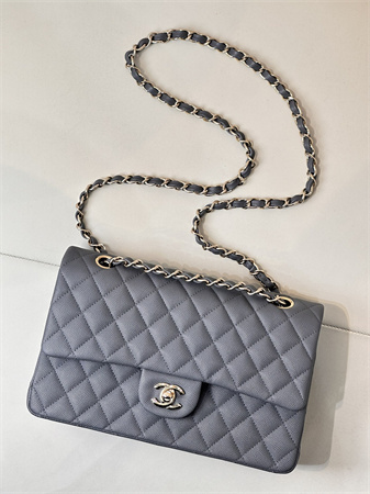 Ch*el medium classic flap bag grained calfskin gold tone metal dk grey 01112 top