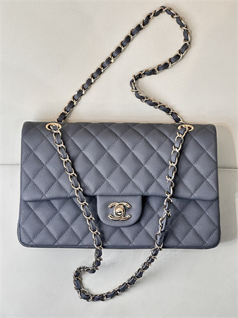 Ch*el medium classic flap bag grained calfskin gold tone metal dk grey 01112 top