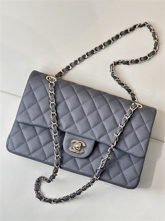 Ch*el medium classic flap bag grained calfskin gold tone metal dk grey 01112 top