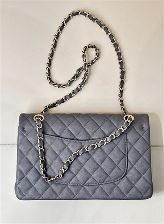 Ch*el medium classic flap bag grained calfskin gold tone metal dk grey 01112 top