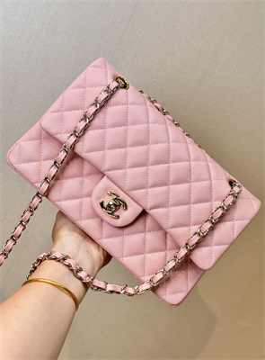 Ch*el medium classic flap bag grained calfskin gold tone metal pink 01112 top