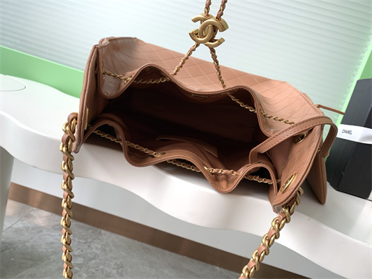 Ch*el 25 medium handbag grained calfskin gold tone metal brown as5311