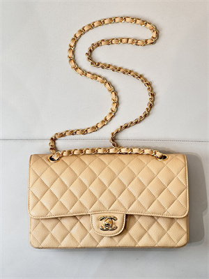 Ch*el medium classic flap bag grained calfskin gold tone metal beige 01112 top