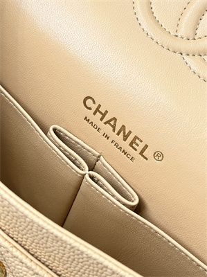 Ch*el medium classic flap bag grained calfskin gold tone metal beige 01112 top