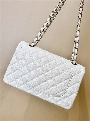 Ch*el small classic flap bag grained calfskin gold tone metal white 01117 top