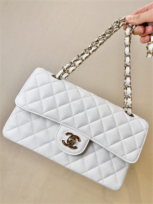 Ch*el small classic flap bag grained calfskin gold tone metal white 01117 top