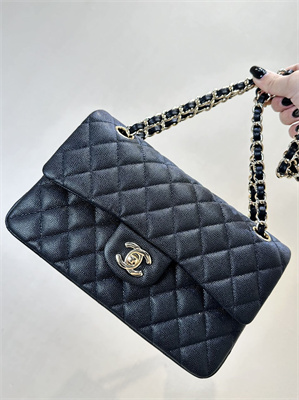 Ch*el small classic flap bag grained calfskin gold tone metal black 01117 top