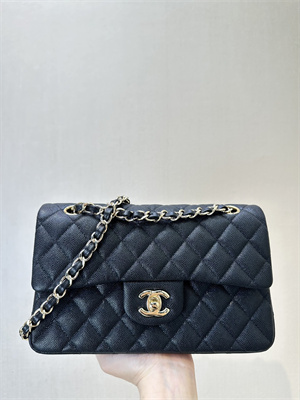 Ch*el small classic flap bag grained calfskin gold tone metal black 01117 top