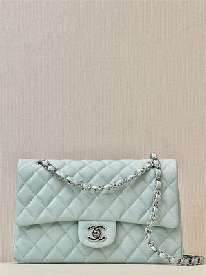 Ch*el medium classic flap bag grained calfskin silver tone metal mint 01112 top