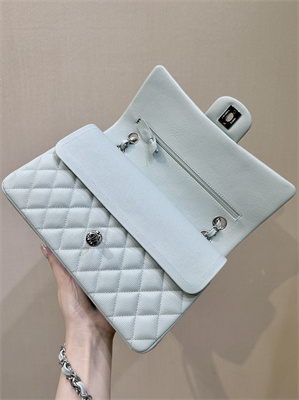 Ch*el medium classic flap bag grained calfskin silver tone metal mint 01112 top