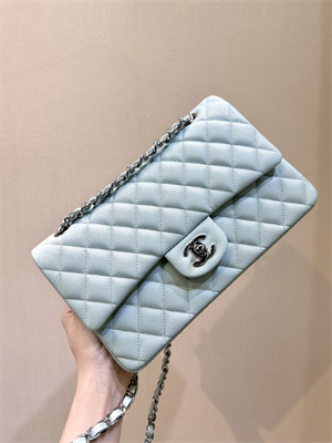 Ch*el medium classic flap bag grained calfskin silver tone metal mint 01112 top