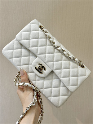 Ch*el small classic flap bag grained calfskin gold tone metal white 01117 top