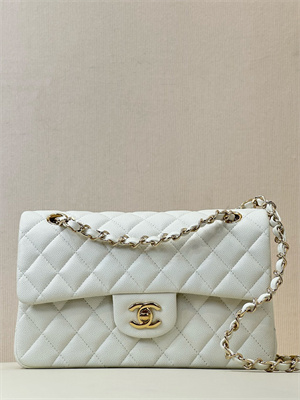 Ch*el small classic flap bag grained calfskin gold tone metal white 01117 top