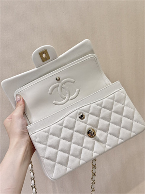 Ch*el small classic flap bag grained calfskin gold tone metal white 01117 top