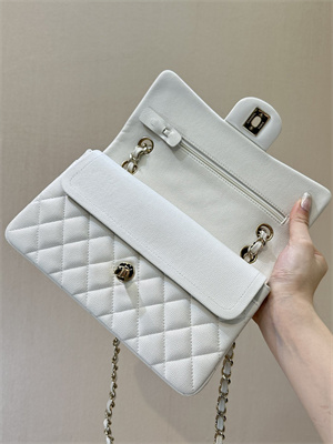 Ch*el small classic flap bag grained calfskin gold tone metal white 01117 top