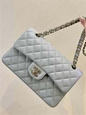 Ch*el small classic flap bag grained calfskin gold tone metal grey 01117 top