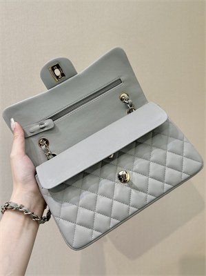 Ch*el small classic flap bag grained calfskin gold tone metal grey 01117 top