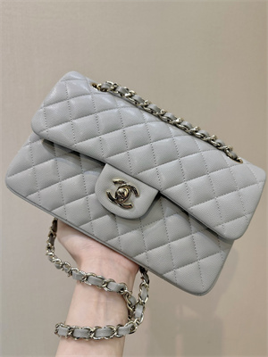 Ch*el small classic flap bag grained calfskin gold tone metal grey 01117 top