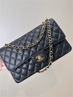 Ch*el medium classic flap bag grained calfskin gold tone metal black 01112 top