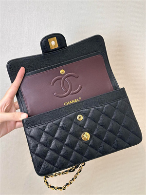 Ch*el medium classic flap bag grained calfskin gold tone metal black 01112 top