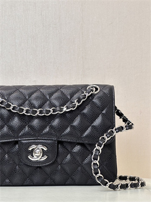 Ch*el small classic flap bag grained calfskin silver tone metal black 01117 top