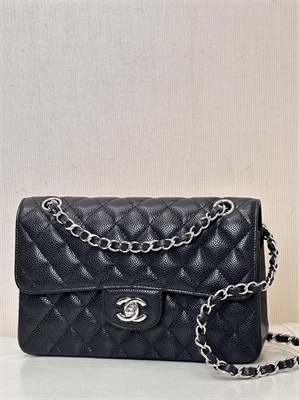 Ch*el small classic flap bag grained calfskin silver tone metal black 01117 top