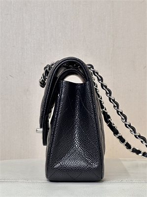 Ch*el small classic flap bag grained calfskin silver tone metal black 01117 top