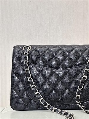 Ch*el small classic flap bag grained calfskin silver tone metal black 01117 top