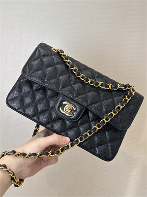 Ch*el small classic flap bag grained calfskin gold tone metal black 01117 top