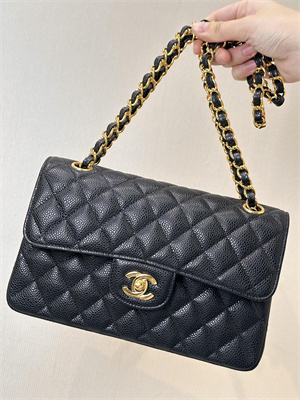 Ch*el small classic flap bag grained calfskin gold tone metal black 01117 top