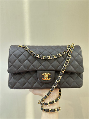 Ch*el medium classic flap bag grained calfskin gold tone metal dk coffee 01112 top