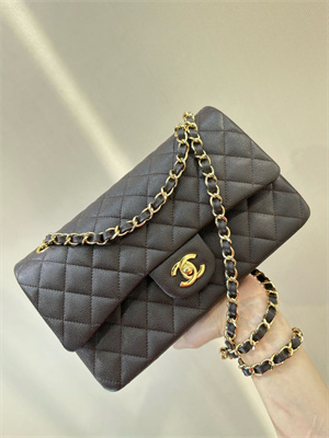 Ch*el medium classic flap bag grained calfskin gold tone metal dk coffee 01112 top