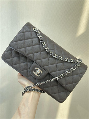 Ch*el medium classic flap bag grained calfskin silver tone metal dk coffee 01112 top