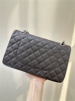 Ch*el medium classic flap bag grained calfskin silver tone metal dk coffee 01112 top