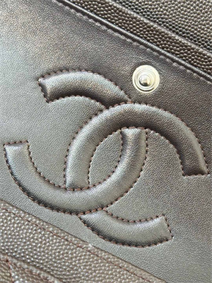 Ch*el medium classic flap bag grained calfskin silver tone metal dk coffee 01112 top