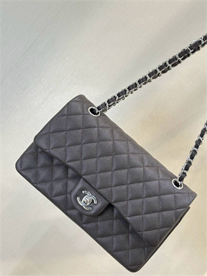 Ch*el medium classic flap bag grained calfskin silver tone metal dk coffee 01112 top