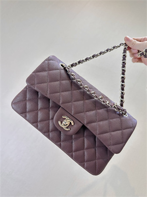 Ch*el small classic flap bag grained calfskin gold tone metal chocolate 01117 top