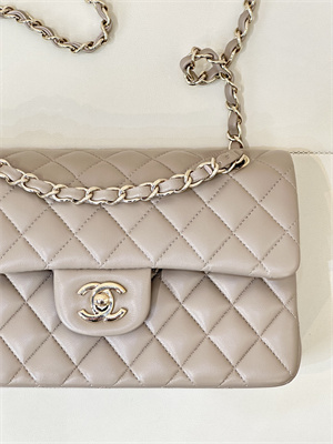Ch*el small classic flap bag lambskin gold tone metal  cream grey 01117 top