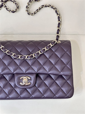 Ch*el medium classic flap bag lambskin gold tone metal grape 01112 top