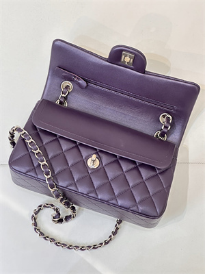 Ch*el small classic flap bag lambskin gold tone metal grape 01117 top