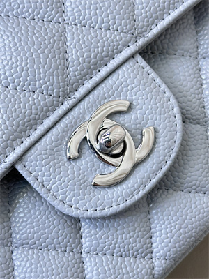 Ch*el medium classic flap bag grained calfskin silver tone metal dusty blue 01112 top