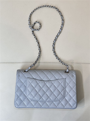 Ch*el medium classic flap bag grained calfskin silver tone metal dusty blue 01112 top