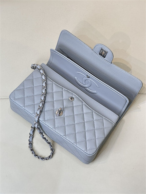 Ch*el medium classic flap bag grained calfskin silver tone metal dusty blue 01112 top