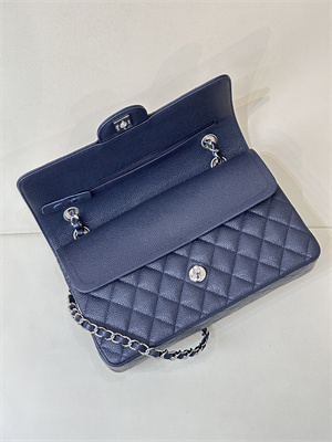 Ch*el medium classic flap bag grained calfskin silver tone metal navy 01112 top