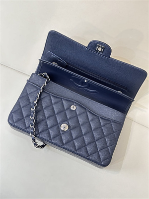 Ch*el medium classic flap bag grained calfskin silver tone metal navy 01112 top
