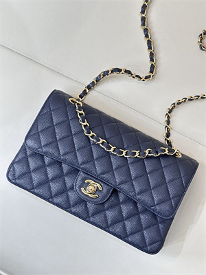 Ch*el medium classic flap bag grained calfskin gold tone metal navy 01112 top