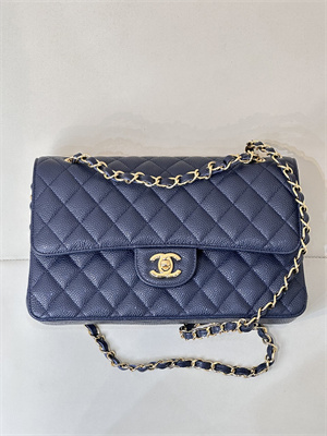 Ch*el medium classic flap bag grained calfskin gold tone metal navy 01112 top